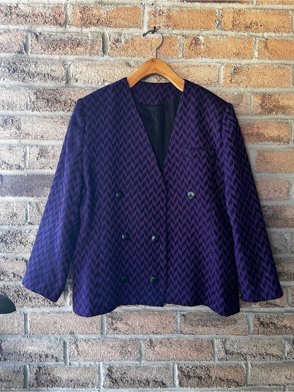 Vintage Pure Virgin Wool Purple Black Houndstooth Double-Breasted Blazer